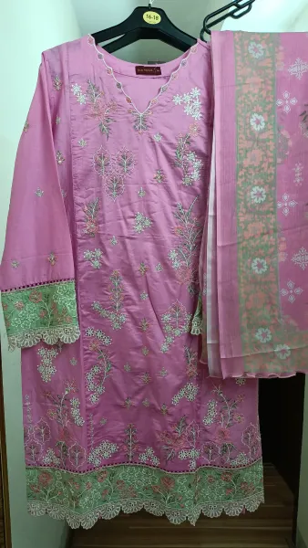 Pakistani Original Bin Saeed luxury Stitched Cotton Embroidered 3 Pcs _ Pink 